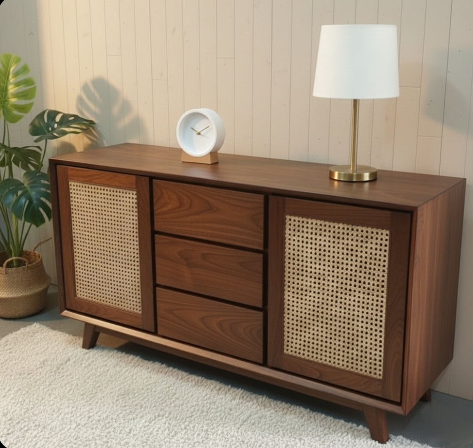 Wooden sideboard with rattan doors in a room setting with a lamp and plant.